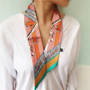 Women Fashion Satin Twilly Scarf Bag Handle Wrap Neck Tie Leopard Chain Equestrian Print Silk Like Skinny Ribbon Accessories