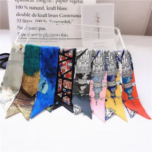 Women Satin Printed Narrow Scarf Twilly Elegant Architecture Floral Art Pattern Neck Scarf For Handbag Handle Hair Ribbon Headband Gift