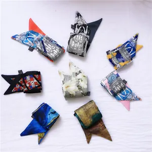 Set of 8 colorful silk skinny scarves with diverse art prints and floral patterns