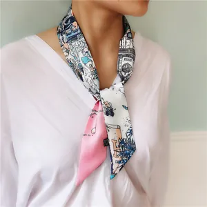 Elegant long silk scarf with colorful hand-drawn illustrations for women's fashion