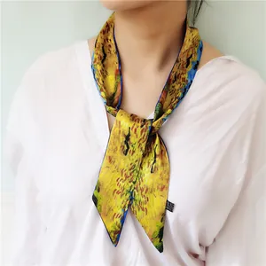 Elegant Van Gogh style wheat field print skinny silk scarf for professional women outfits
