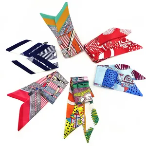 Set of colorful printed silk skinny scarves in various geometric and floral patterns