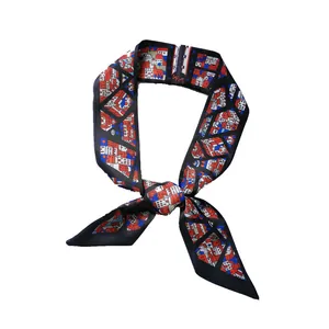 Fashionable narrow silk scarf with navy blue European building prints for women