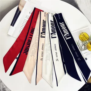 Pañuelo de Satén con Estampado de Letras Francesas para Mujer Banda para el Cabello Estrecha Cinta Tipo Seda para Accesorio de Bolso