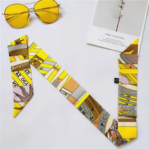 Polyester twilly silk scarf with yellow and gray geometric patterns for handbags