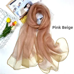 Pink beige silk wool shawl with delicate gold beaded edges and a subtle pearly shimmer