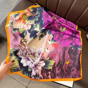 Elegant Square Satin Silk Like Scarf Vintage Floral Peony Print Neck Scarf Fashion Headscarf Hair Bandana Shawl For Women