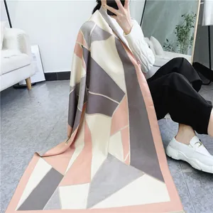 Thick geometric color-block pashmina shawl scarf for women in pink and grey
