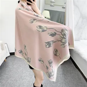 Women Elegant Tulip Floral Cashmere Like Scarf Thick Warm Autumn Winter Shawl Wrap With Tassels Pashmina For Ladies