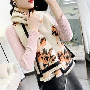 Elegant beige cashmere-feel winter scarf with orange tulip pattern and fringed edges