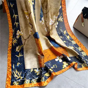 Elegant vintage floral silk shawl with magnolia prints and classic color contrast
