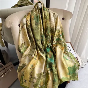 Detailed close-up showing the smooth texture and drape of this oil painting landscape silk scarf