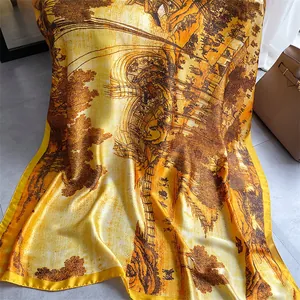 Detailed close-up showing silk texture and vintage illustration on yellow square scarf