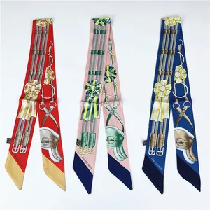 Women Vintage Equestrian Print Satin Twilly Scarf For Hair Handbag Handle Neck Headband Elegant Skinny Scarf Decoration