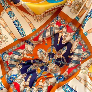 Detail of luxury satin silk scarf with vintage equestrian print and smooth glossy texture
