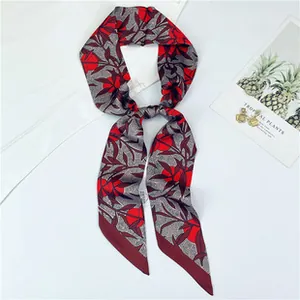 Floral print narrow silk scarf detail with double-layer stitching and angled ends