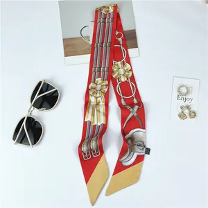 Elegant red equestrian pattern silk twilly scarf with golden buckles and fashion accessories