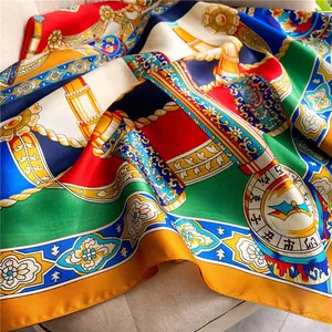 Detail of satin silk scarf featuring vibrant vintage court prints and Chinese zodiac motifs