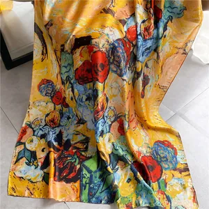 Detail of silk-like scarf featuring vibrant Van Gogh oil painting floral patterns