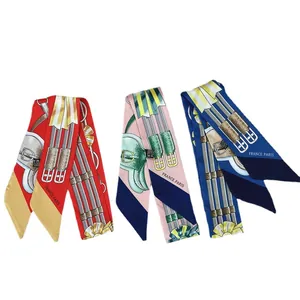 Three elegant French style narrow twilly silk scarves with vintage equestrian patterns