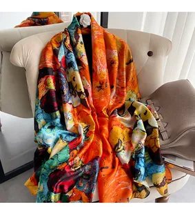 Artistic oil painting style silk scarf draped elegantly on a chair for fashion styling