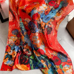 Artistic oil painting style silk scarf detail with vibrant orange and blue brushstrokes