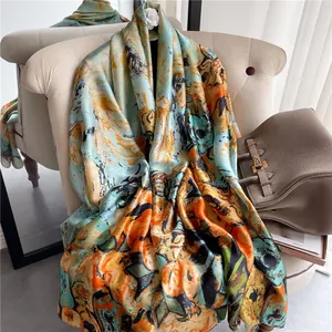 Close-up of elegant silk-like scarf featuring an abstract art oil painting pattern