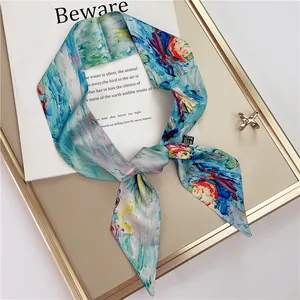 Artistic oil painting style long satin skinny scarf with blue impressionist pattern