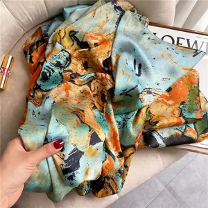 Artistic abstract oil painting print silk scarf with vibrant blue and orange strokes