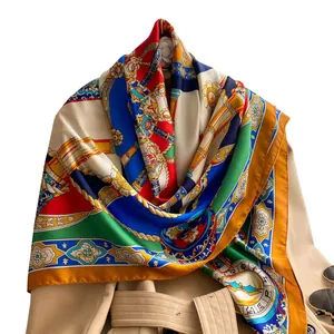 Retro satin silk square scarf featuring vibrant nautical patterns and vintage chain prints