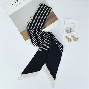 Chic black and white diagonal striped narrow silk scarf for women's neck or hair styling