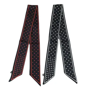 Polka dot silk-feel skinny twilly scarves in black with red and white spot patterns