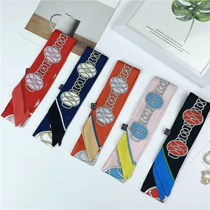 Narrow satin scarves with chain pattern in five colors for hair bag or neck decor
