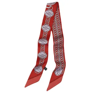 Elegant red silk twilly scarf with pink chain patterns for women professional attire