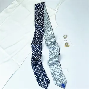 Detailed shot of double-sided geometric silk twilly scarf styled with white lace camisole