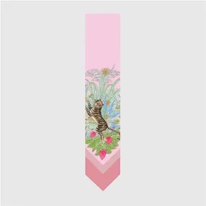 Detail of light pink Twilly scarf with tiger and tropical jungle floral illustrations