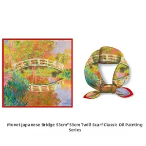 Detail of 53cm silk scarf with Monet Japanese Bridge oil painting print and hand-rolled edge