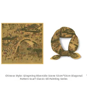 Detail of 53cm silk scarf featuring the classic Along the River During the Qingming Festival print