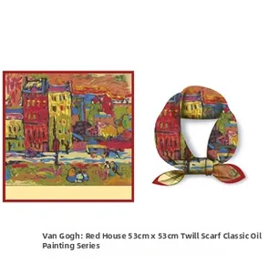 Close-up of Van Gogh oil painting print on 53cm silk-like twill square scarf