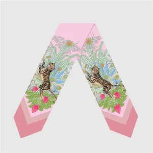 Women Satin Scarf Tiger Tropical Floral Pattern Narrow Thin Long Streamer Scarf For Hair Bag Handle Handle Wrap Decoration