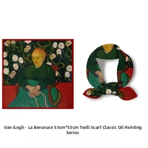 Detailed view of Van Gogh La Berceuse oil painting silk scarf with twill texture