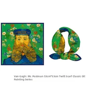 Detailed view of Van Gogh Postman print silk scarf measuring 53x53cm in twill fabric