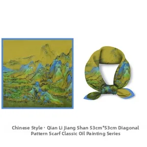 Detail of Chinese landscape painting print on 53cm silk scarf with blue border