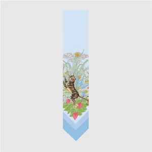 Light blue twilly silk scarf with hand-painted tiger and tropical floral print design