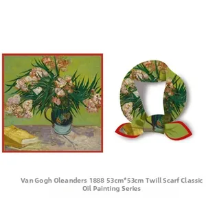 Detailed view of Van Gogh Oleander silk scarf with 53cm size and twill texture