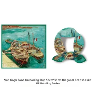 Flat and knotted view of a Van Gogh sand unloading ship print faux silk square scarf