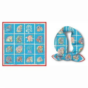 Macro detail of silk square scarf featuring artistic horse head prints in a grid layout