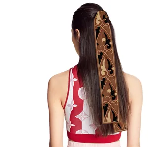 Baroque print silk-like narrow scarf tied on ponytail in a minimalist style