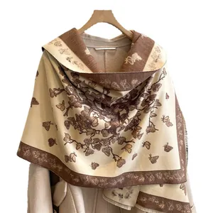 Ethnic cashmere-feel shawl with vintage floral and butterfly patterns and fringed edges