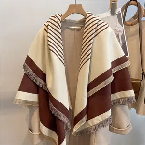 Thick beige striped cashmere shawl for women featuring elegant tassels for winter warmth